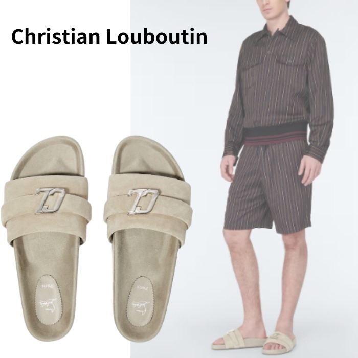 【Christian Louboutin】装飾付き スエード スライド グレー