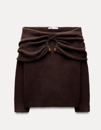 スペイン発送 ZARA オフショルダーニットセーター ブラウン 新作