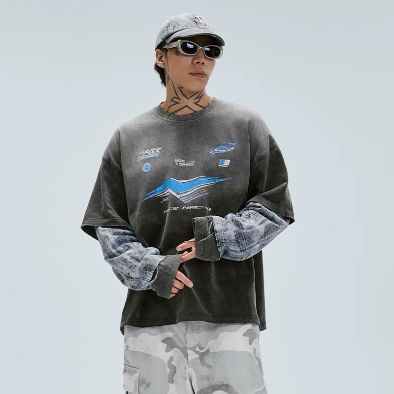 F2CE アメカジ 重ね着風 男女兼用 プリント 長袖 Tシャツ