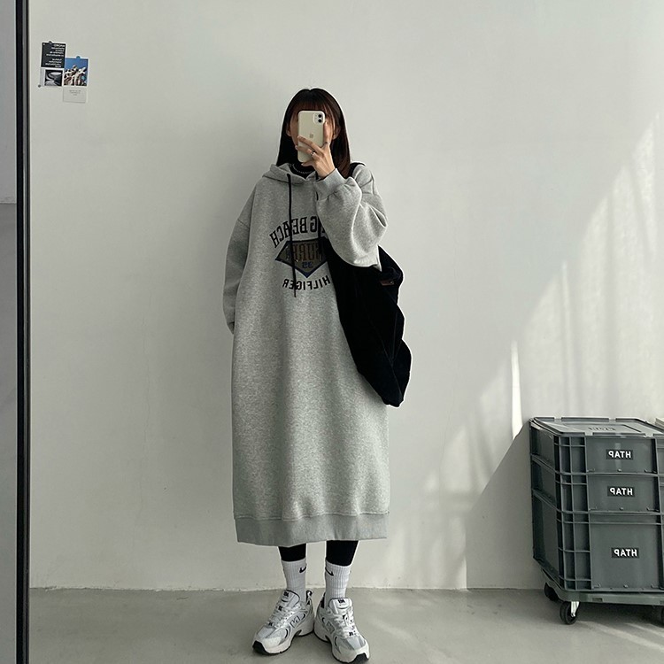 2色 秋冬 長袖 ベルベットフード付きスウェットロングワンピース