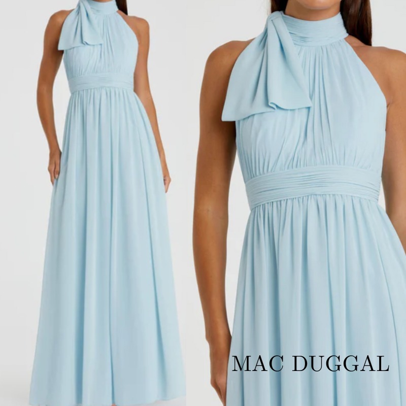 Mac duggal ハイネック リボン付き スリーブレス カラードレス