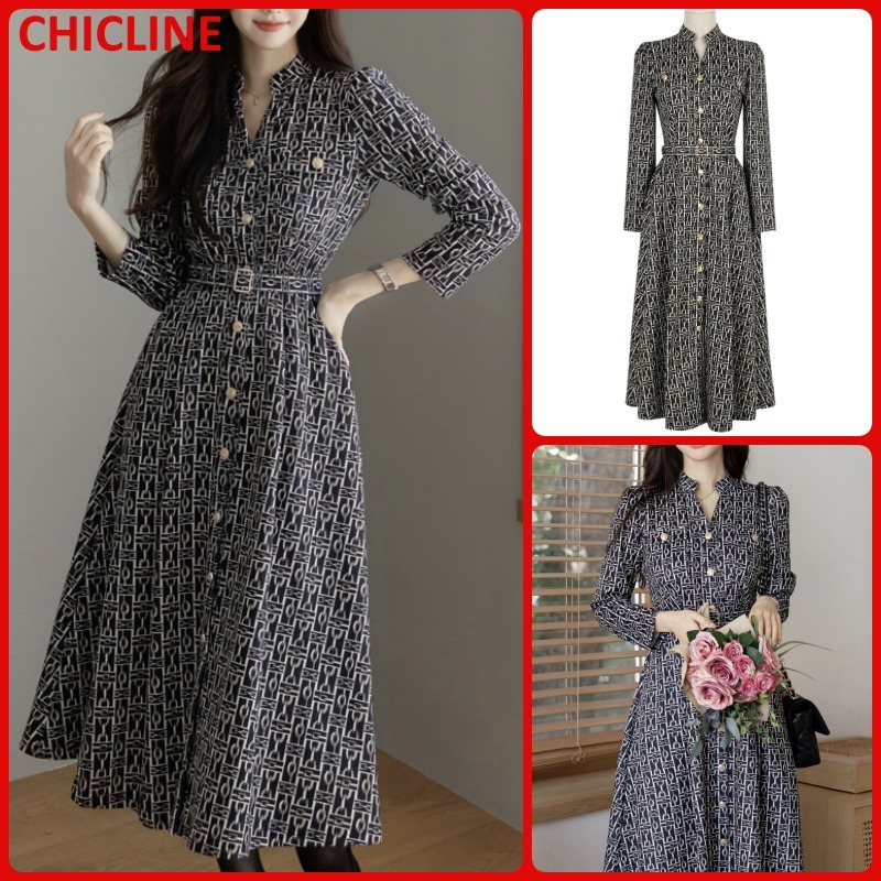 春秋冬★CHICLINE★チェーンパターンベルテッドフレアワンピース