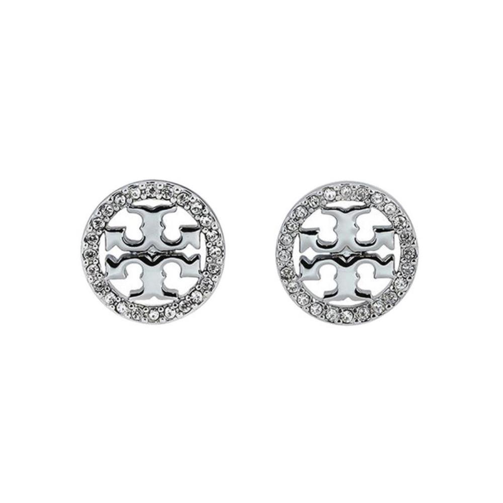 ☆☆Tory Burch☆☆ 23FW Crystal Logo Circle Earrings Silver