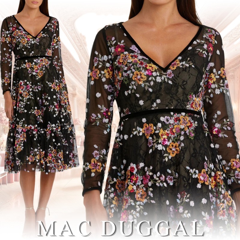 MAC DUGGAL マックドゥガル 長袖ワンピース 花柄刺繍