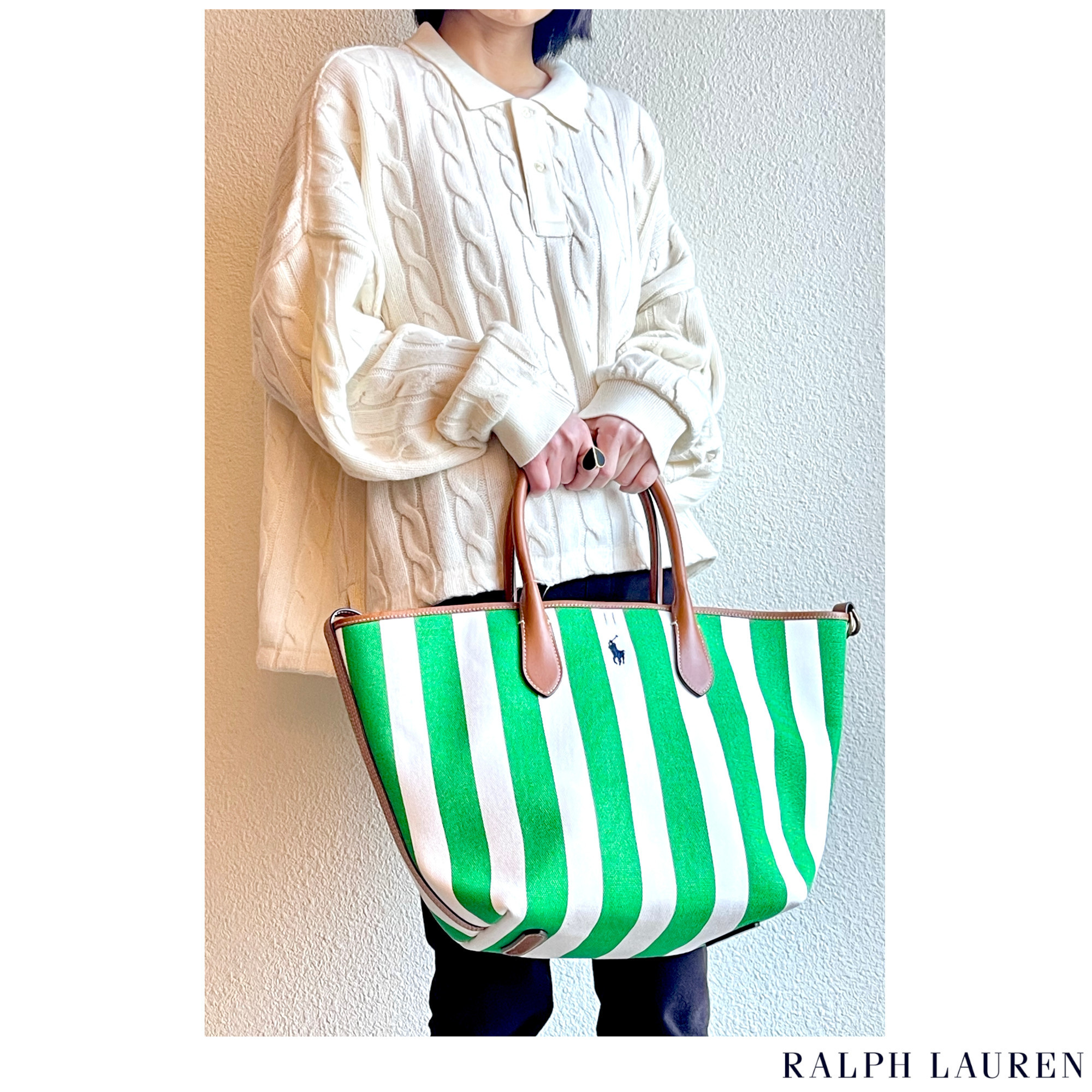 海外限定*ラルフローレン*ストライプ キャンバストートバッグ RALPH LAUREN] グリーンストライプ ラージキャンバストート