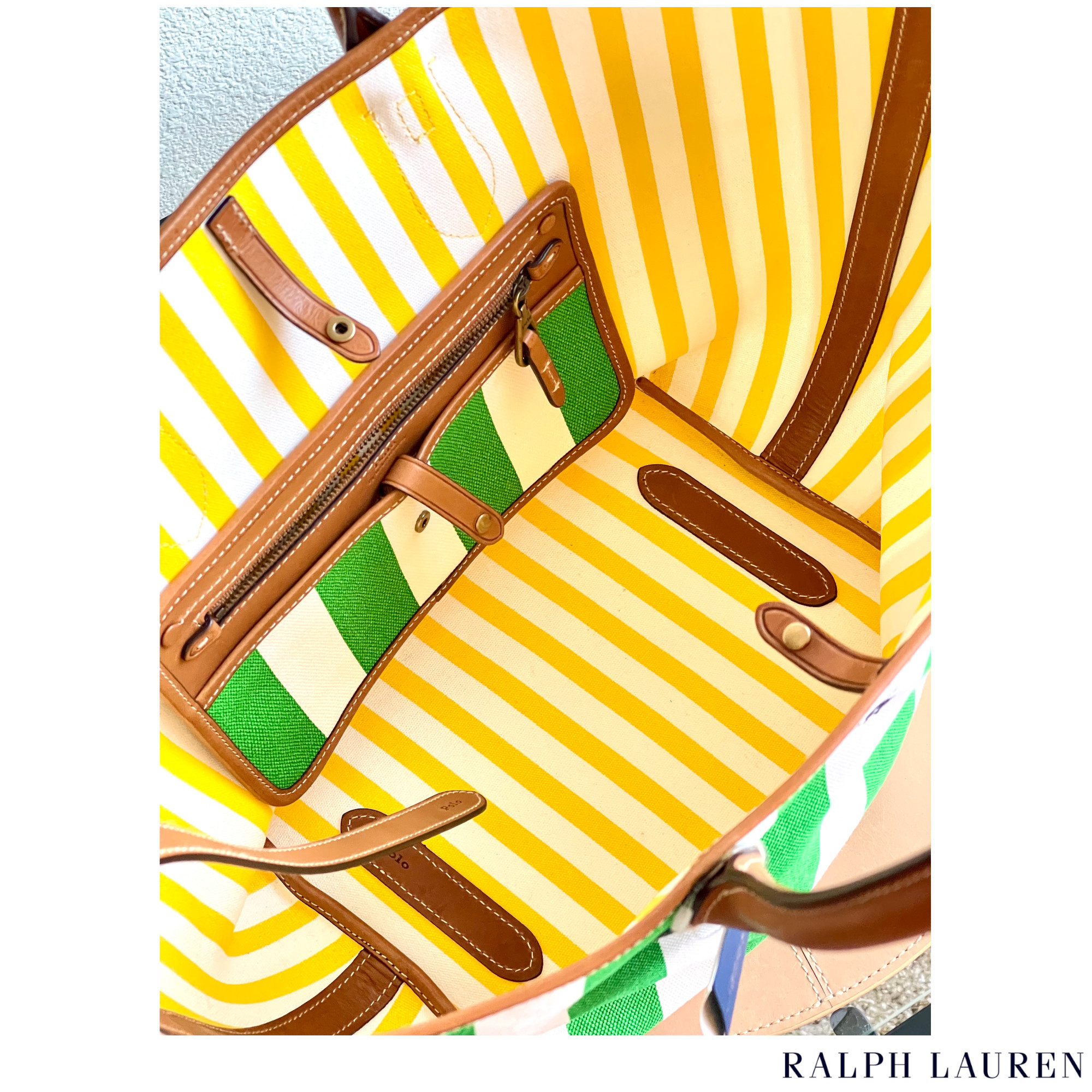 海外限定*ラルフローレン*ストライプ キャンバストートバッグ RALPH LAUREN] グリーンストライプ ラージキャンバストート
