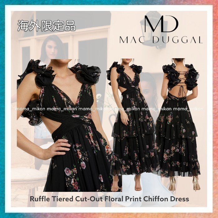 【Mac Duggal】Ruffle Tiered Cut-Out FloralPrint ChiffonDress