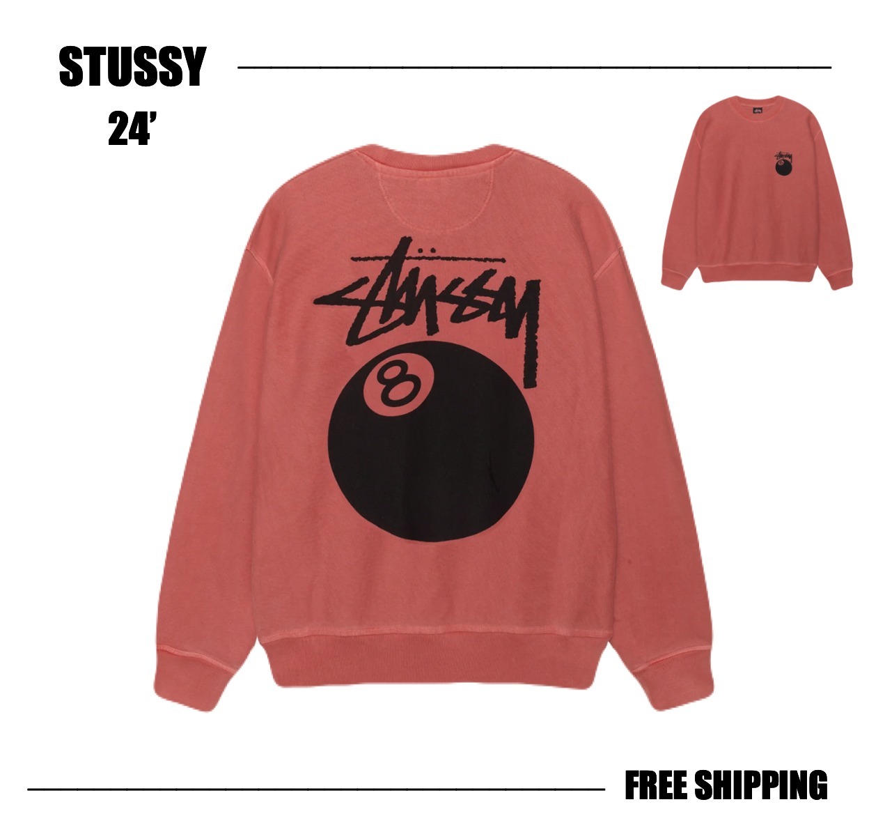 【STUSSY FA24'】Stussy 8 Ball Pig. Dyed Crew