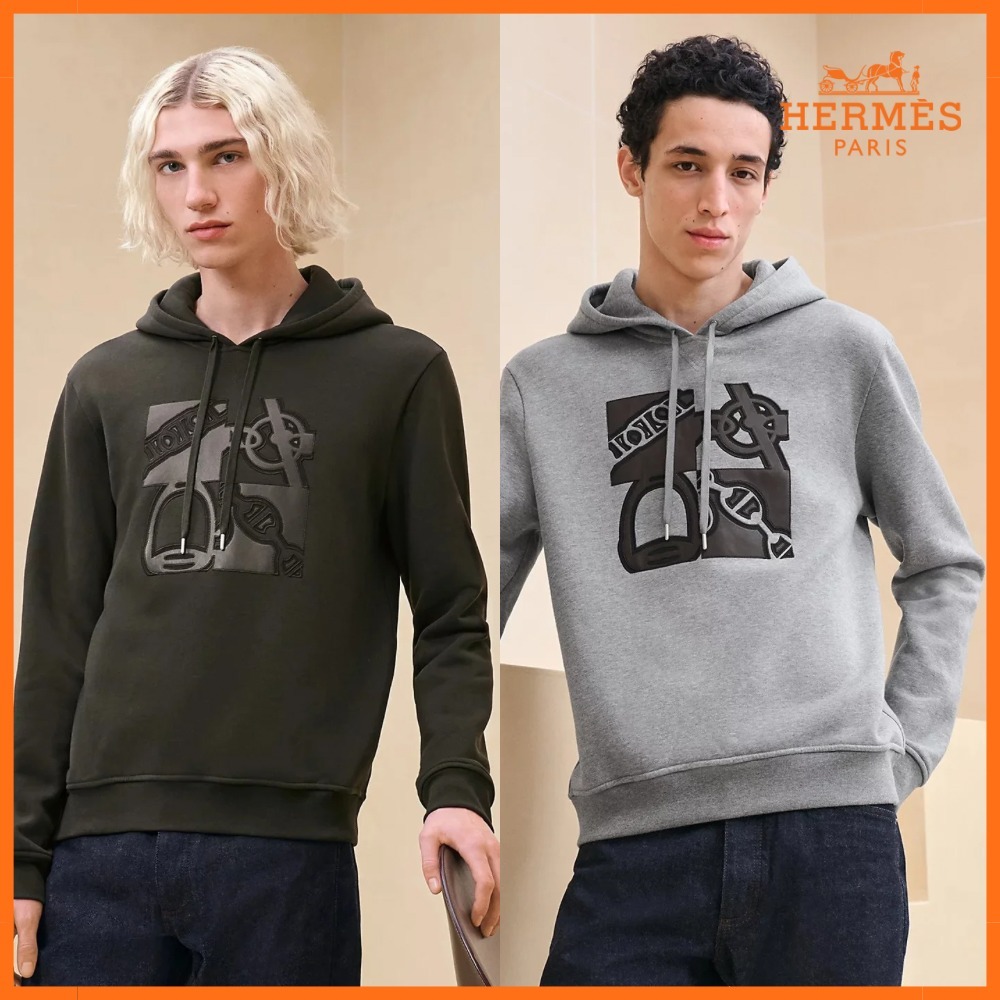 【おしゃれでかっこいい♪】HERMES レザーパッチパーカー お洒落♪】HERMES エルメス パーカー コットン レザーパッチ