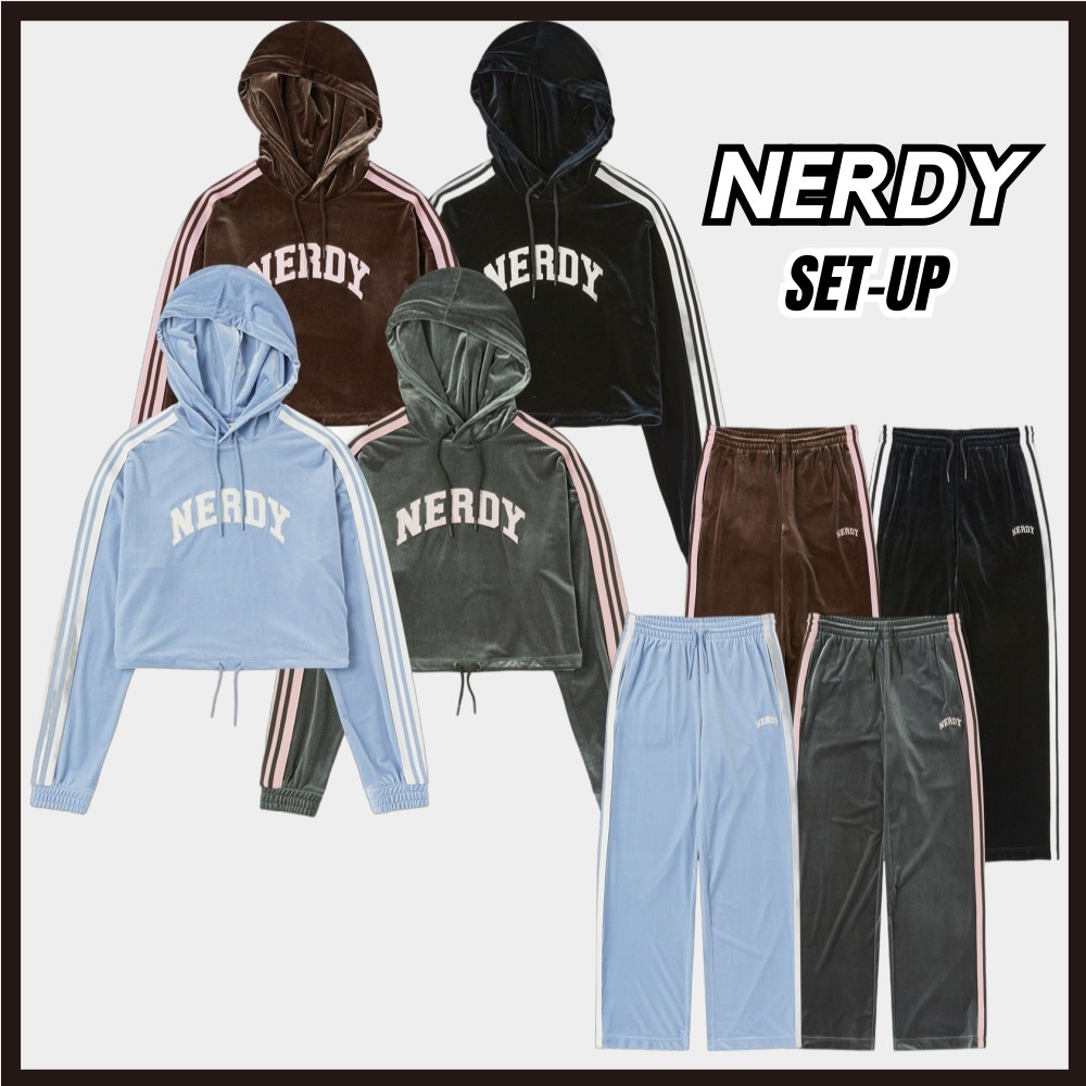 【NERDY】Velvet Arch Logo Crop Pullover Hoodie Sweatants set