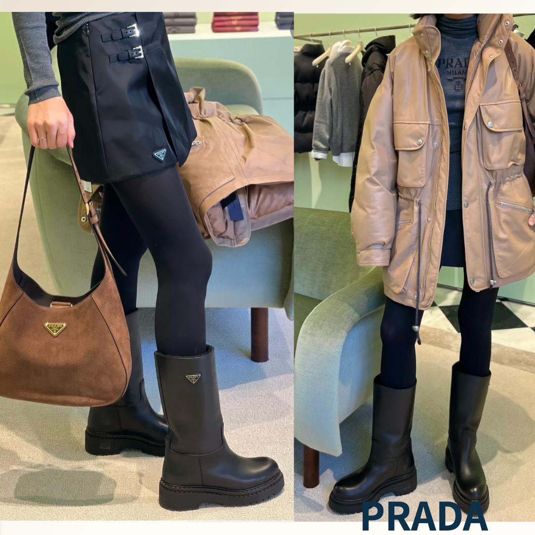 美脚効果とオシャレが叶う《PRADA》ミドル丈レザーブーツ