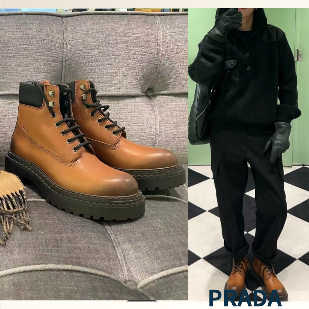他にない風合いが絶妙《PRADA》レザーリナイロン ワークブーツ