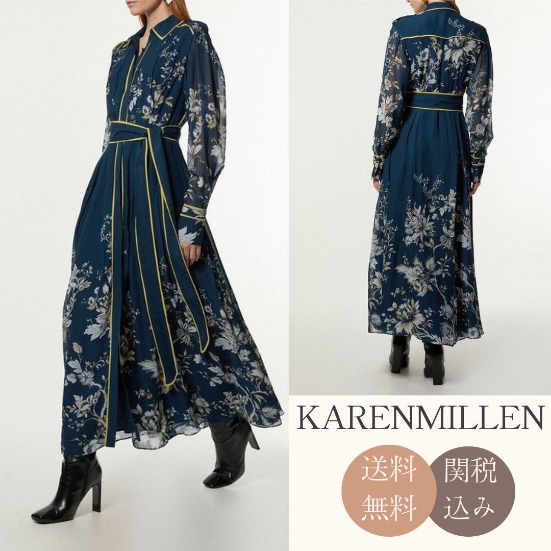 身長160㎝以下向け★【KAREN MILLEN】フローラルマキシドレス 安心追跡【KAREN MILLEN】フローラル柄サテンバックマキシドレス