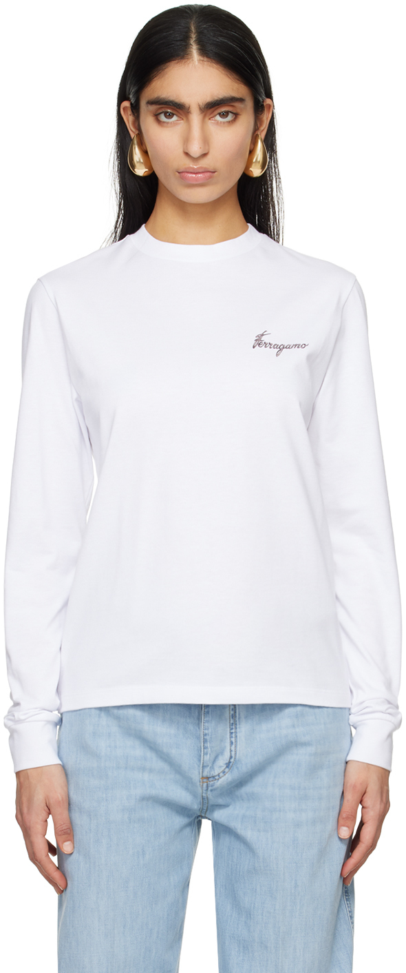 【関税込み】Ferragamo ホワイト プリント 長袖Tシャツ