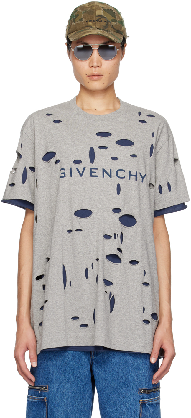 【関税込み】Givenchy グレー＆ネイビー デストロイド Tシャツ