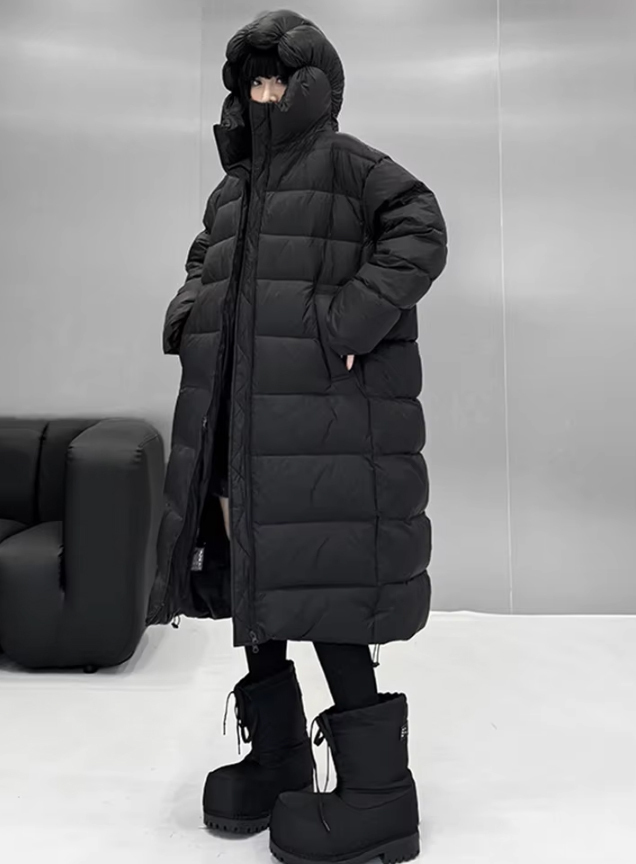 抜け感  もこもこフード 中綿ブルゾン コート ロングブラック
