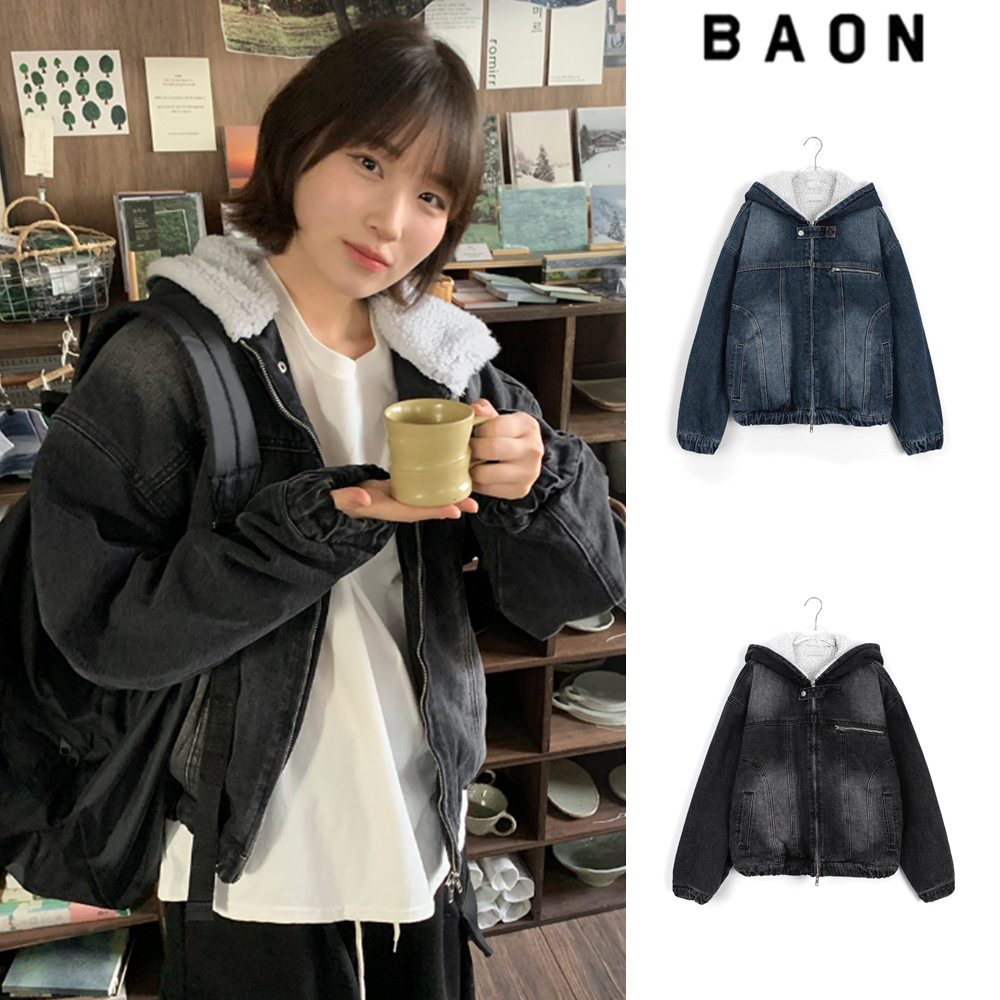 【BAON】[unisex] Nekoni 2Way Fleece Over Hood Denim Zip-Up