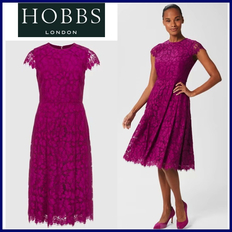 【HOBBS】パープル×レース◇高級感◇フィット&フレアワンピース