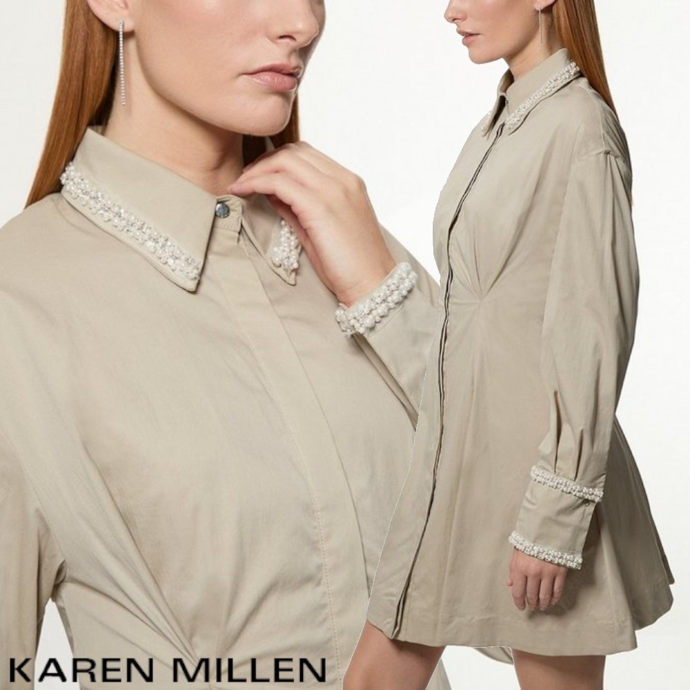 【KAREN MILLEN】パールトリムコットン フルスカート ミニドレス