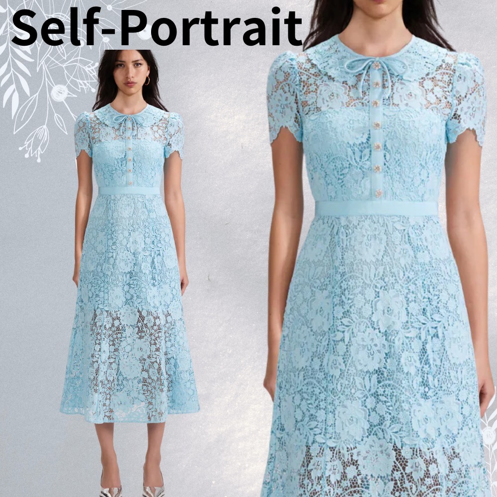 【関税込】Self-Portrait ★ 上品 コードレースミディドレス青★