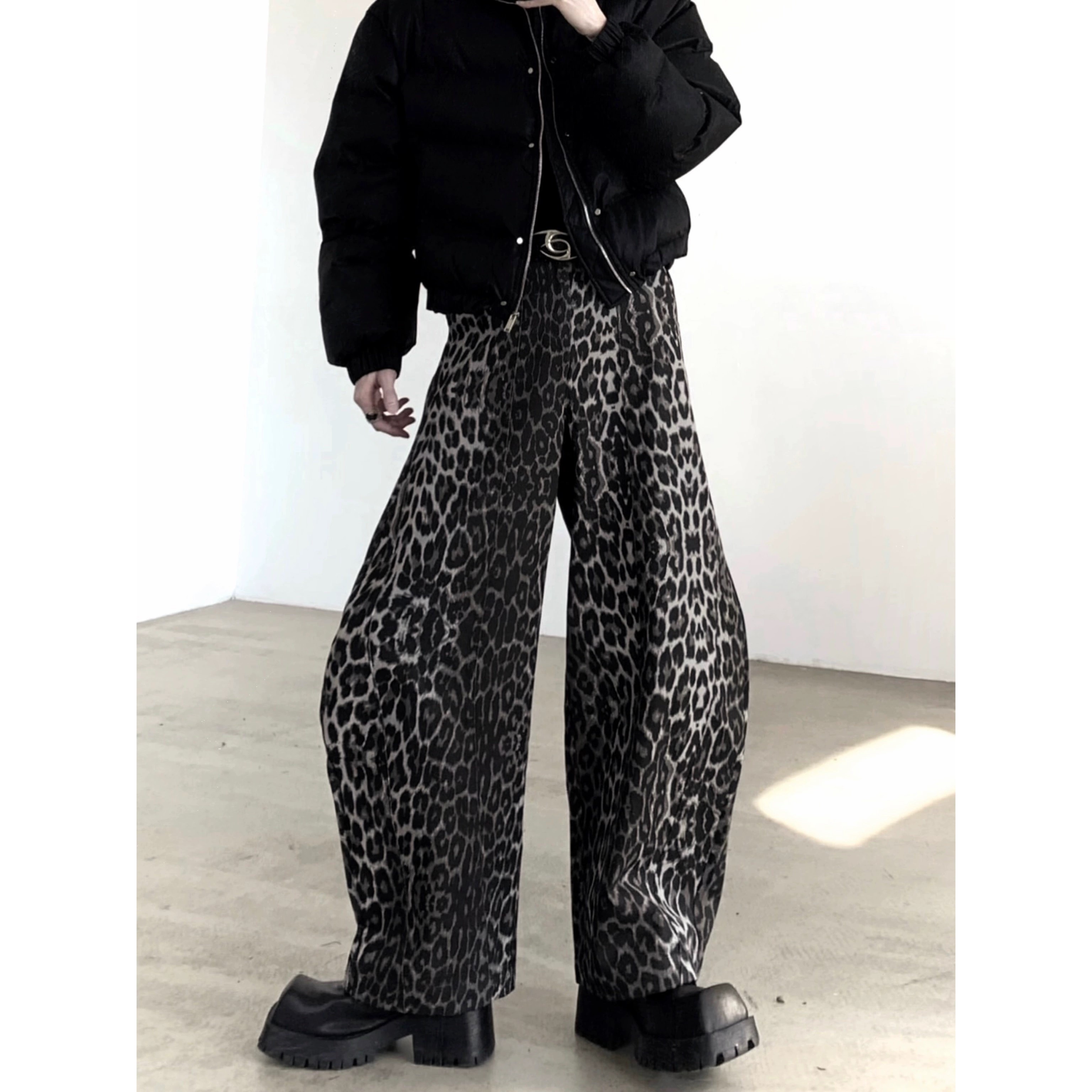 メンズ アメリカン ハイストリート ヒョウ柄 シミターパンツ