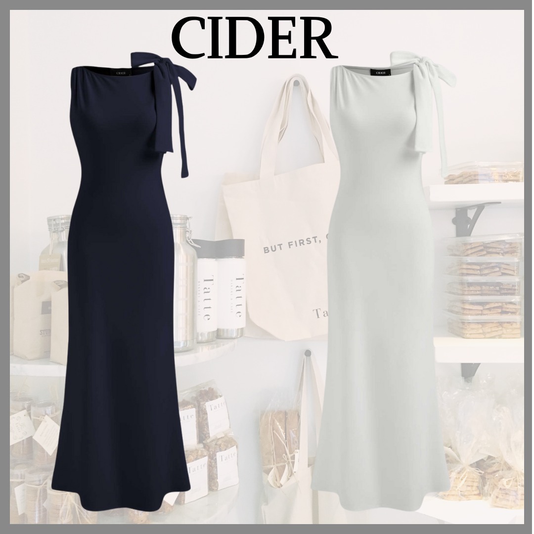 CIDER：ボートネックソリッドボウノットマキシドレス