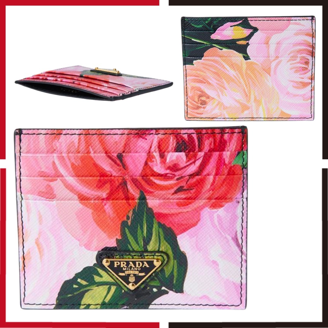 PRADA カードケース 上品 フラワー柄 サフィアーノ 本革レザー