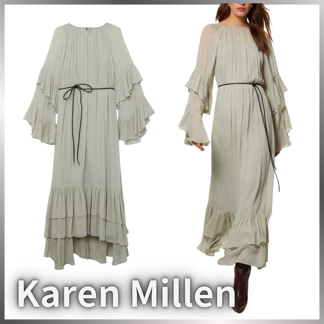 【Karen Millen】フリル袖 マキシドレス PUベルト付き