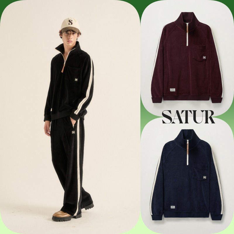 【SATUR】韓国人気 ★ Velour Loose Fit Half Zip-up ★ 3COLOR
