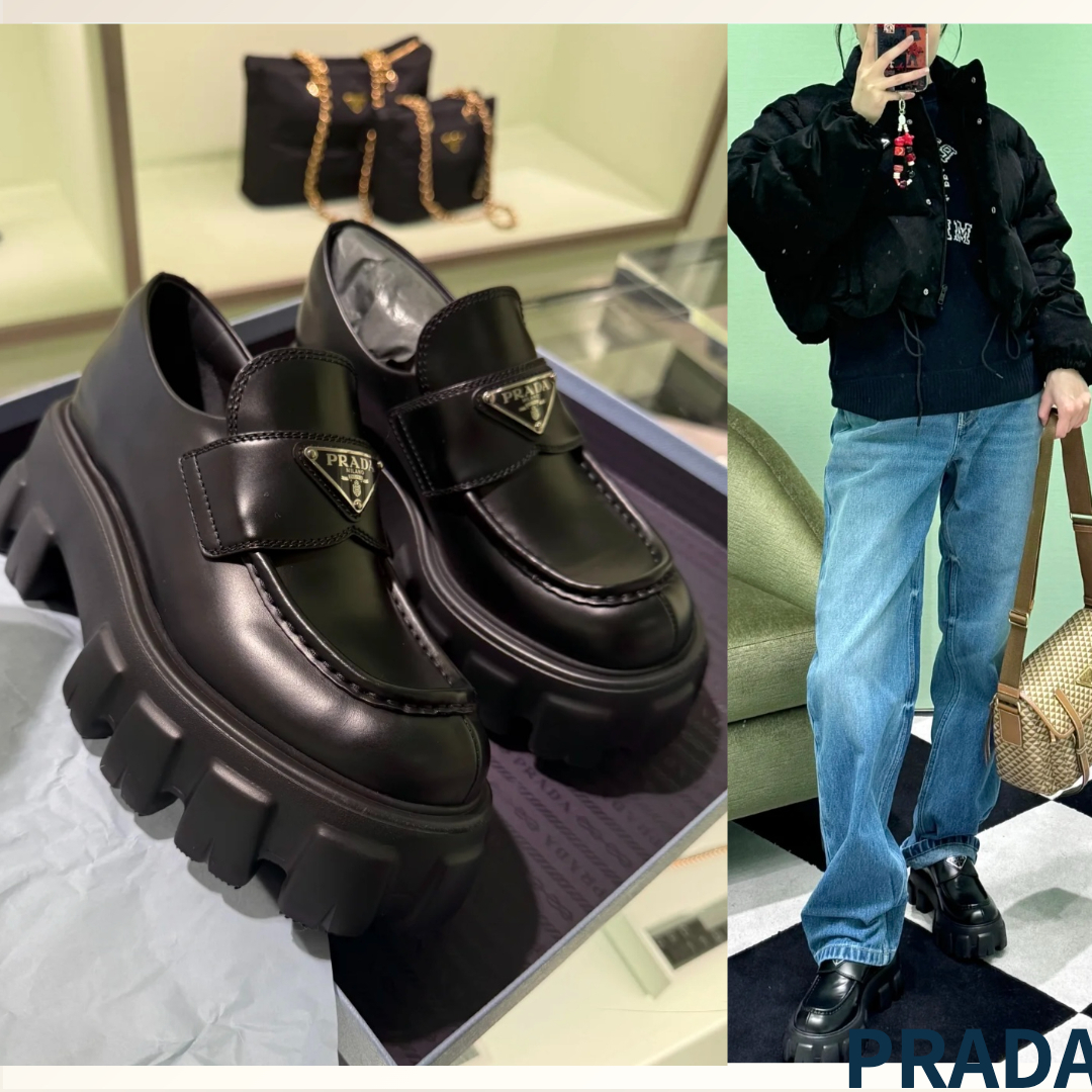厚底ラバーソール《PRADA》モノリスブラッシュレザーローファー