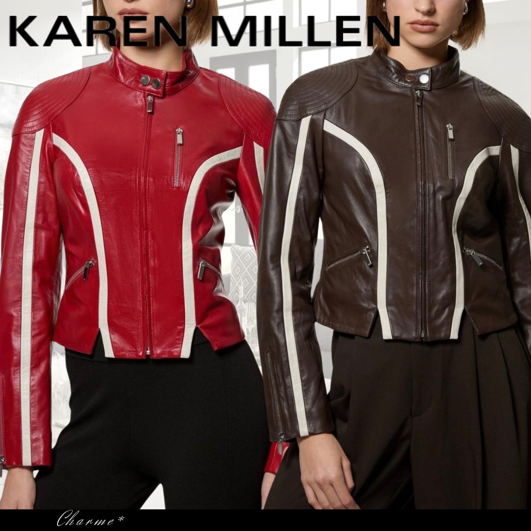 KAREN MILLEN レザー カラーブロック バイカージャケット 無地