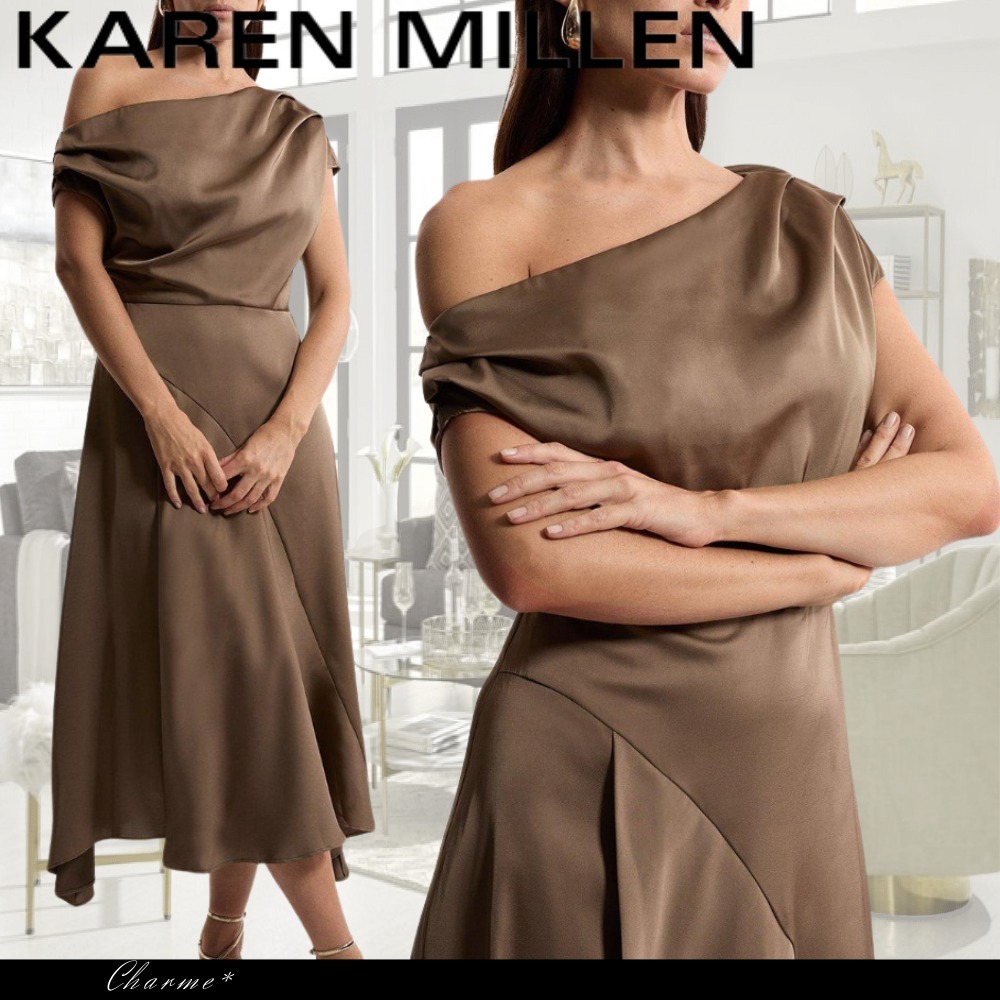 KAREN MILLEN ワンショルダー サテン ワンピース ミディドレス