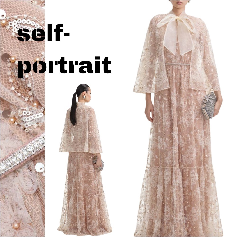 【self-portrait】ロングドレス チュール リボン フレア ピンク