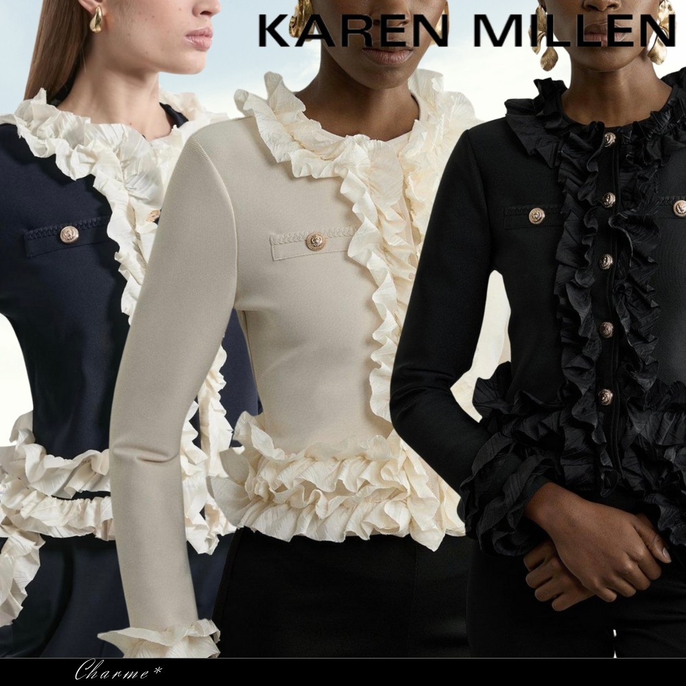 KAREN MILLEN 編み込みフリルトリム付き ニット ジャケット