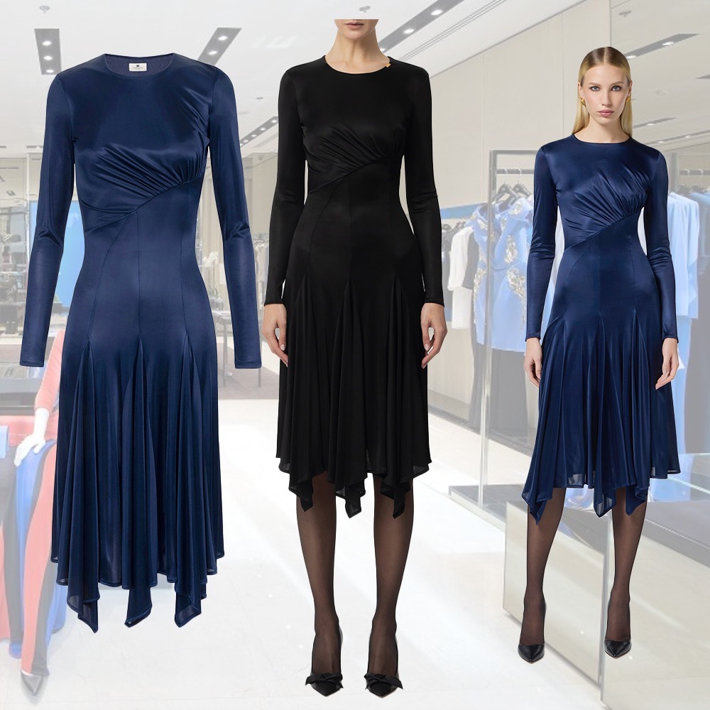 【25SS】 ELISABETTA FRANCHI 光沢 アシンメトリー ドレス 2色