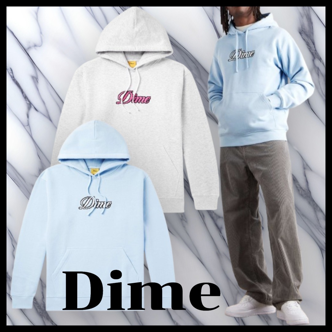 Dime パーカー ロゴ刺繍 レトロ ライトグレー アイスブルー