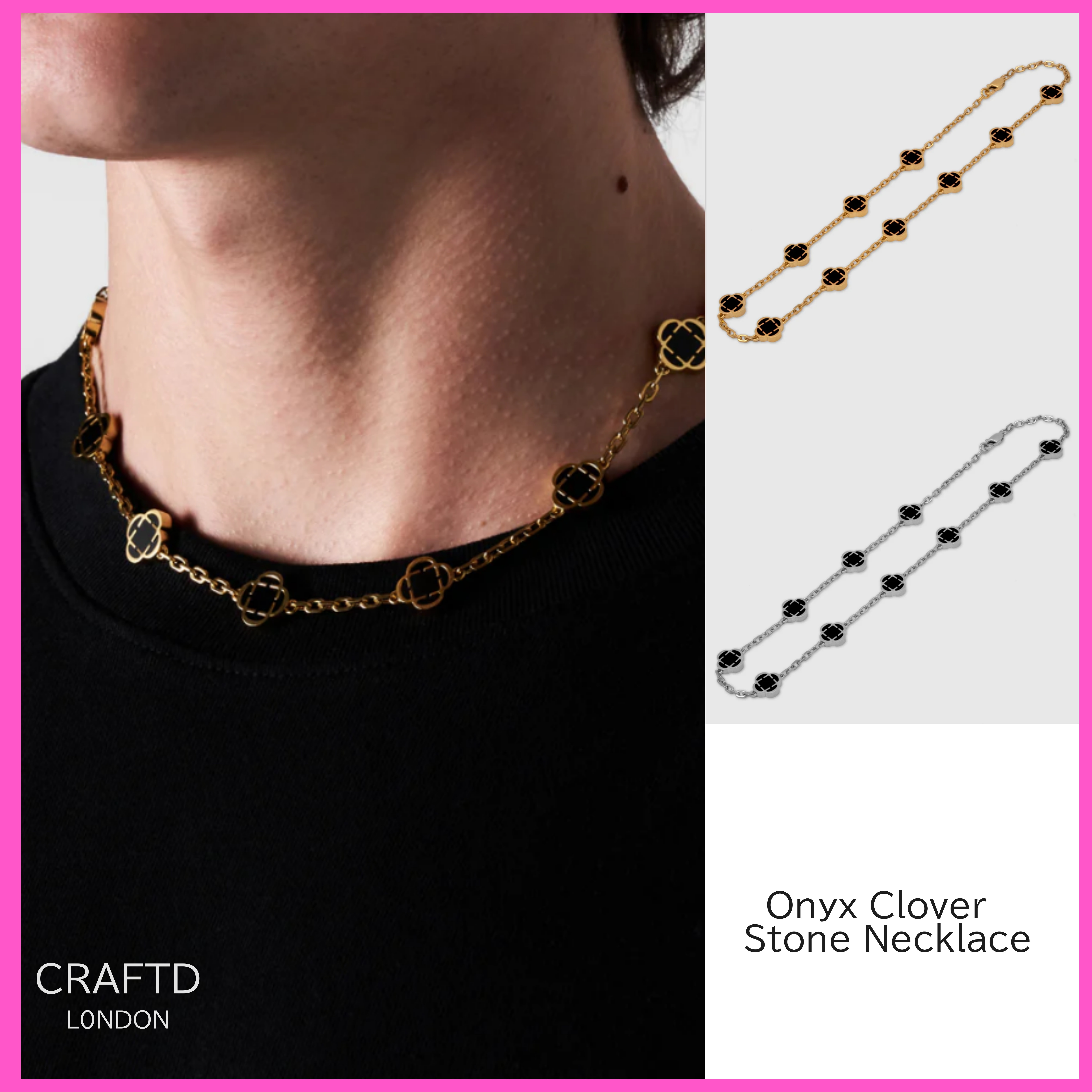 送税込【CRAFTD London】Onyx Clover Stone Necklace (2色) 国発