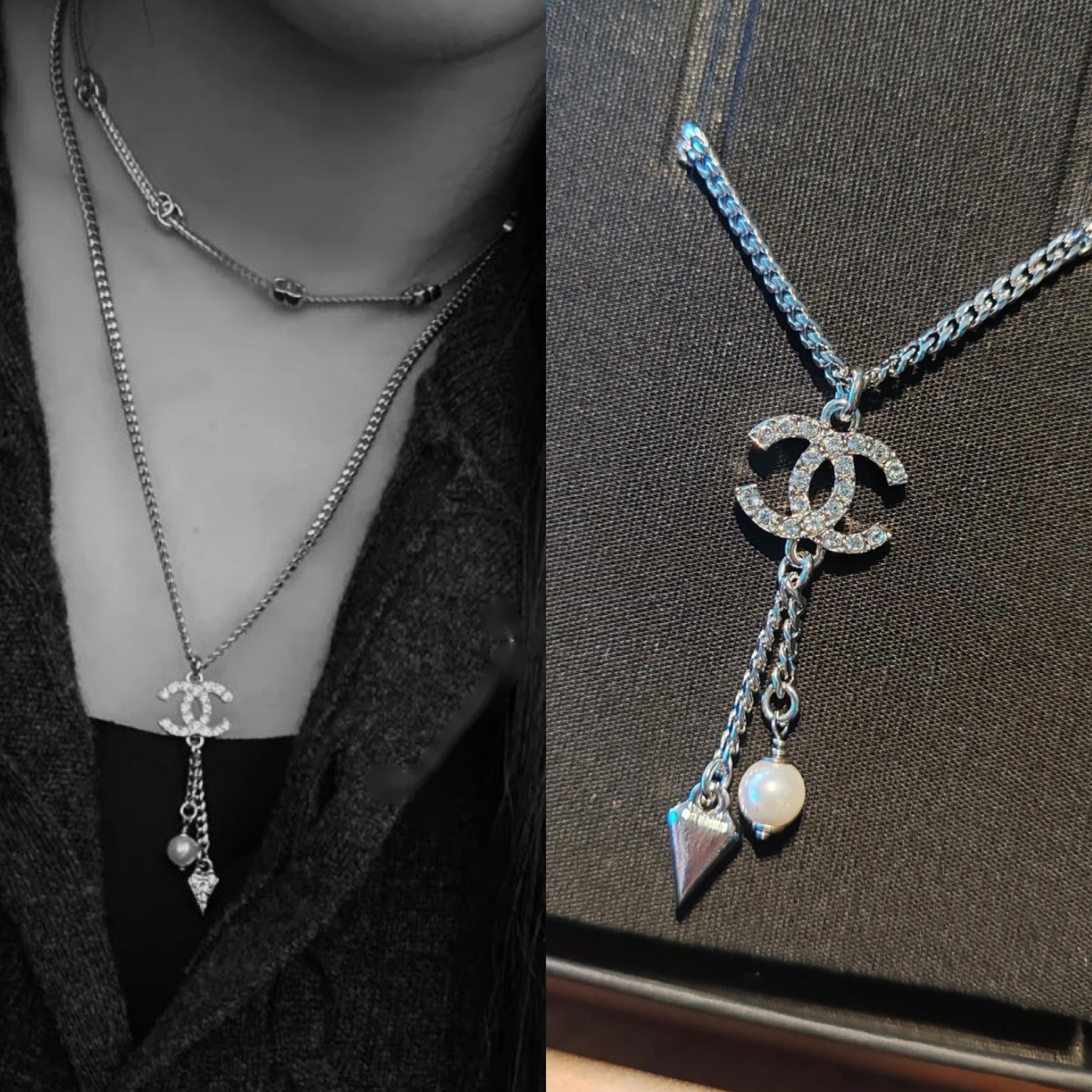 揺れるストラスとパールモチーフが印象的な CHANEL ネックレス