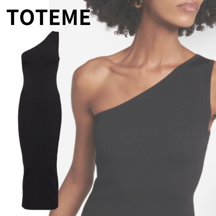 【TOTEME】リブニット ワンショルダー ミディドレス ブラック