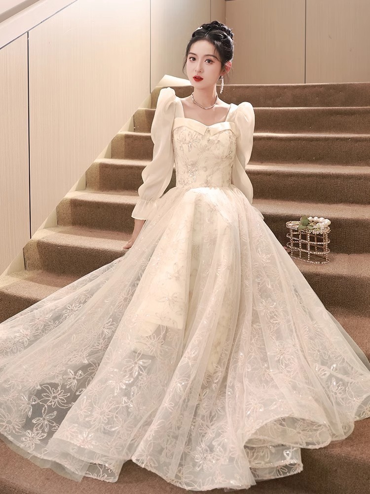 エレガント 結婚式 パーティードレス 長袖 フレア ロング 韓国