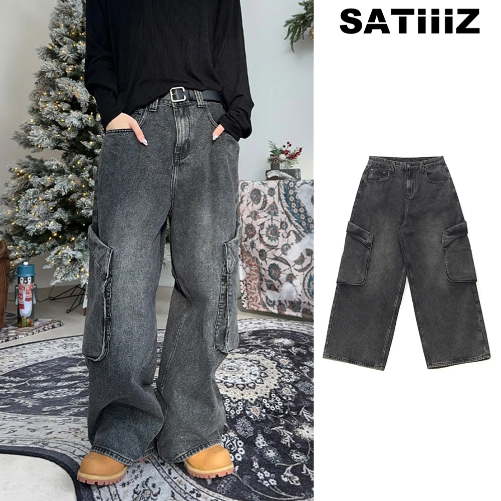 【SATIIIZ】Loose diagonal cargo denim pants