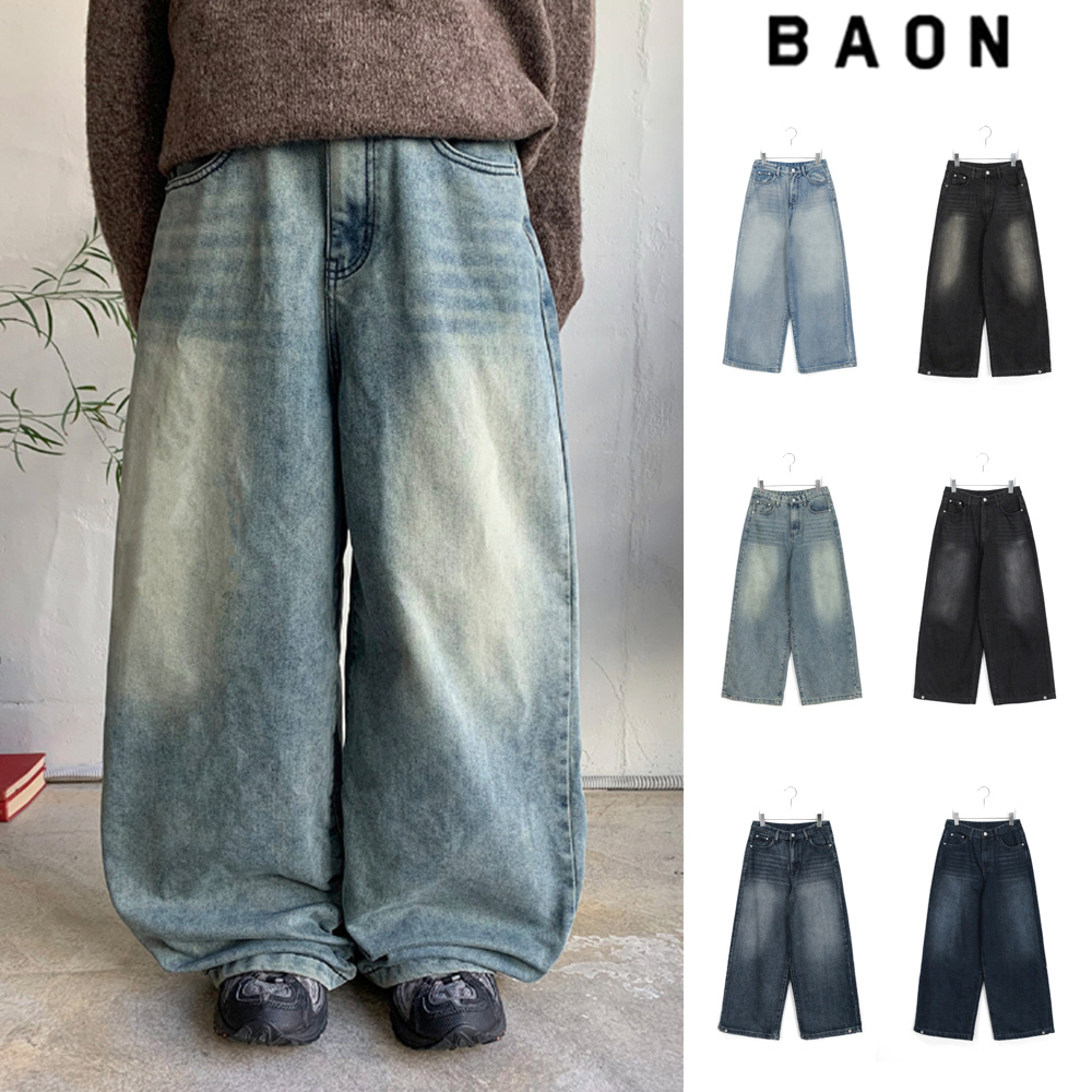 【BAON】Toike Cat Washing Snap Button Brushed Wide Denim PT