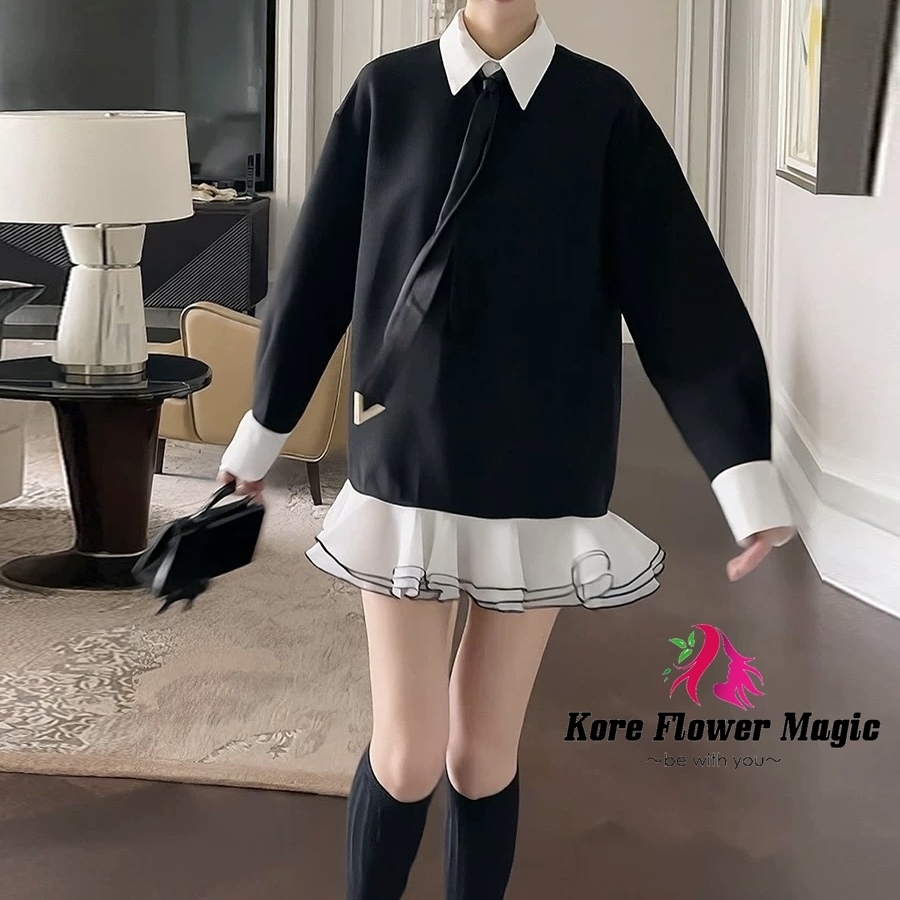 シャツワンピース ミニ フリル バイカラー ネクタイ 可愛い 長袖
