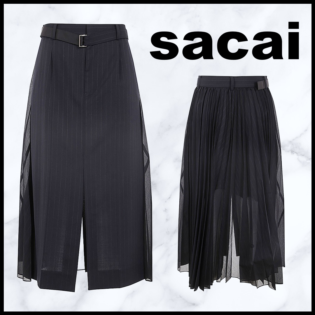 sacai サカイ★チョークストライププリーツスカート★ネイビー