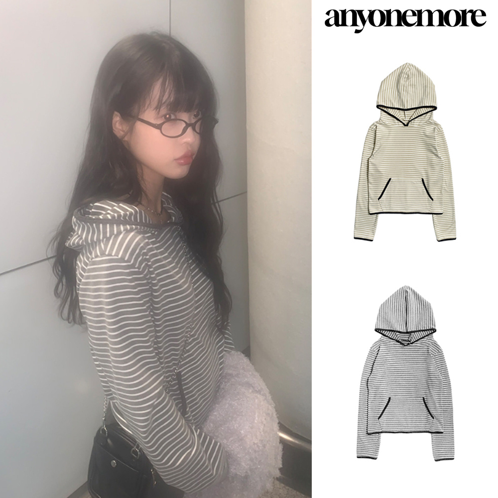 【Anyone more】[Peach Fuzz] Worthing Stripe Hood Brushed T