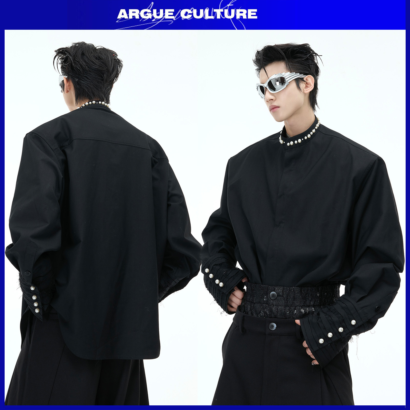 ArgueCultureパール装飾おしゃれなシャツ・肩パッド取外し可