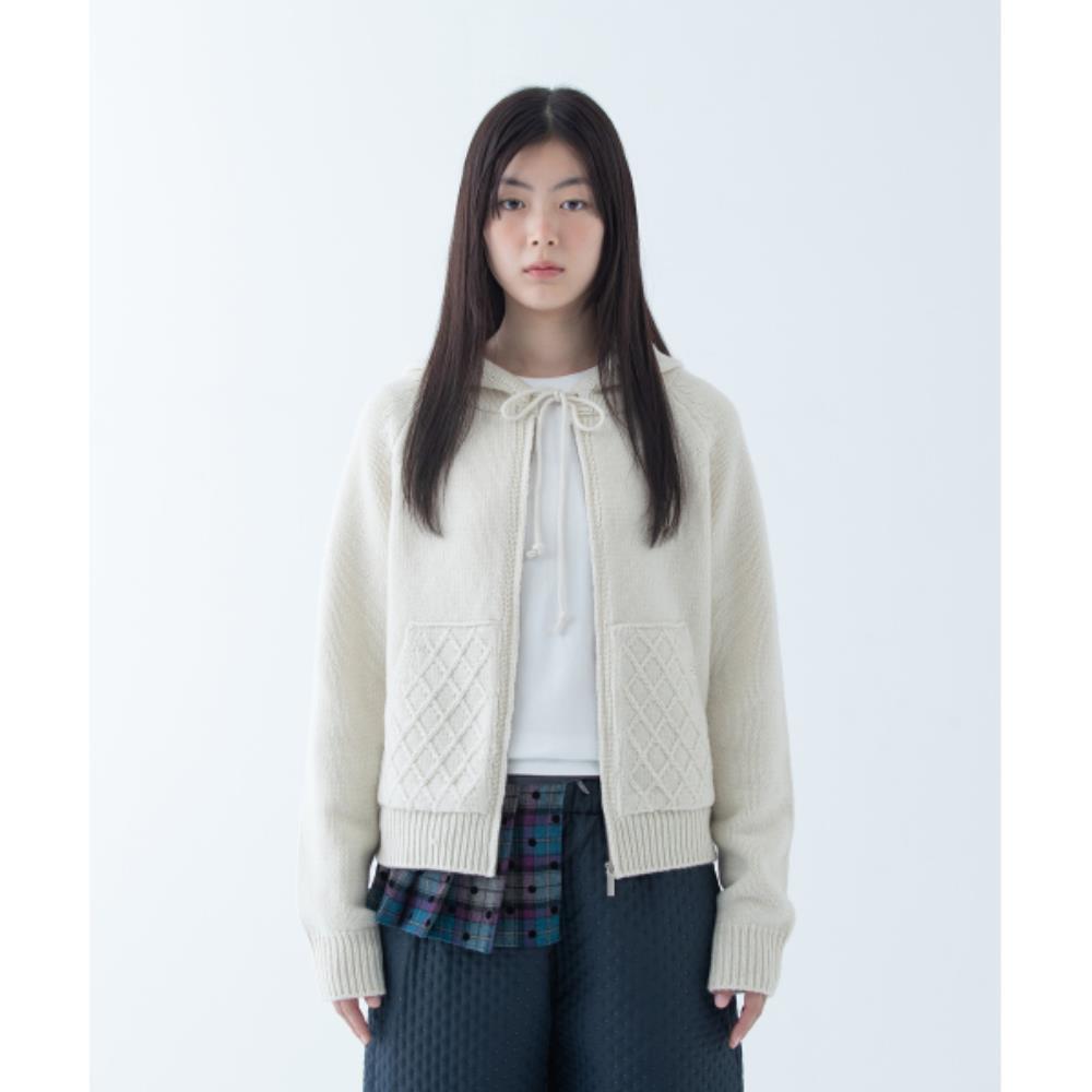 ★OHESHIO★ CABLE KNIT HOODED ZIPUP IVORY 24FW-42002NT
