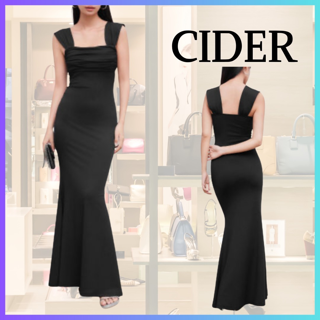 CIDER：シャーリング Uネックラインマキシドレス