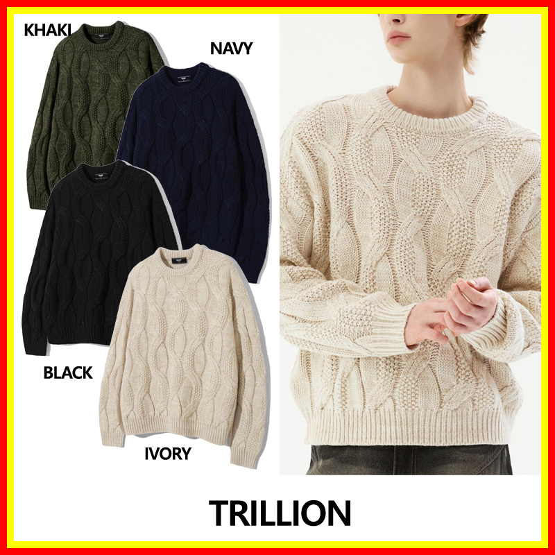 [TRILLION] WASHABLE BIG CABLE OVERFIT CREW NECK KNIT /追跡付