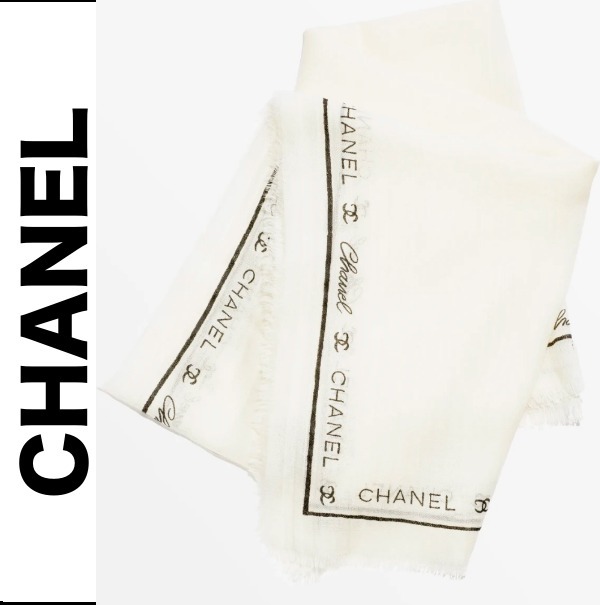 《25C》CHANEL カシミヤ ウール スカーフ 白 ホワイト 限定